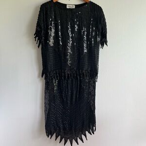 Swee Lo Vintage 80s Black Sequin Bead Two Piece Dress Top Skirt 100% Silk Sz M
